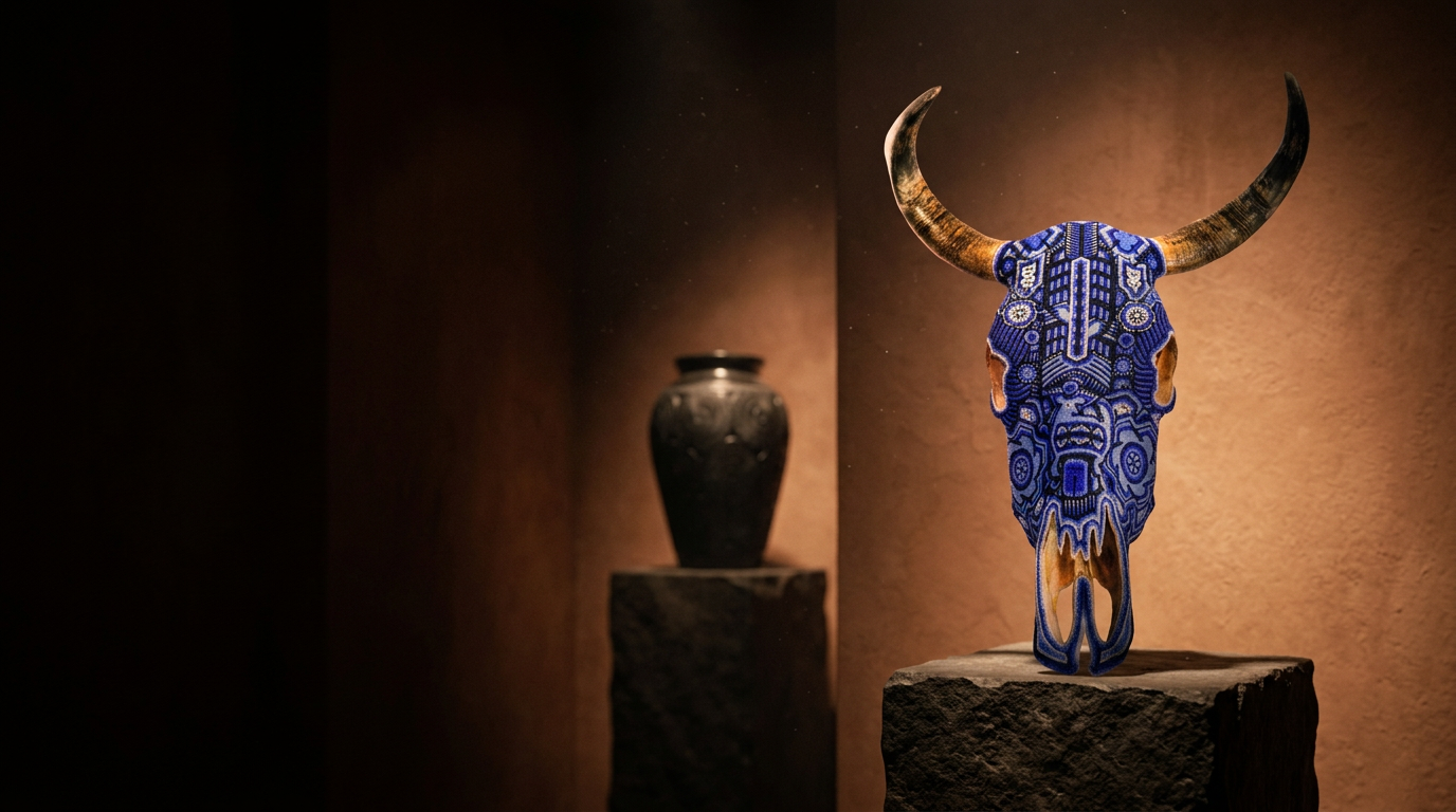 Galería nocturna con piezas de arte popular mexicano iluminadas